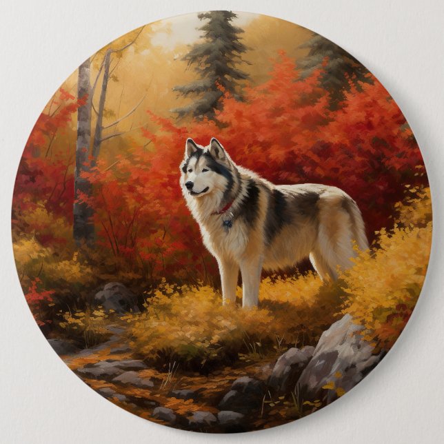 Alaskan Malamute  in Autumn Leaves Fall Inspired  6 Inch Round Button (Front)