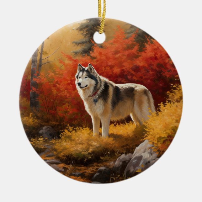 Alaskan Malamute  in Autumn Leaves Fall Inspired  Ceramic Ornament (Front)