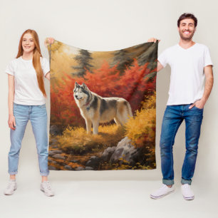 Alaskan Malamute in Autumn Leaves Fall Inspired Fleece Blanket