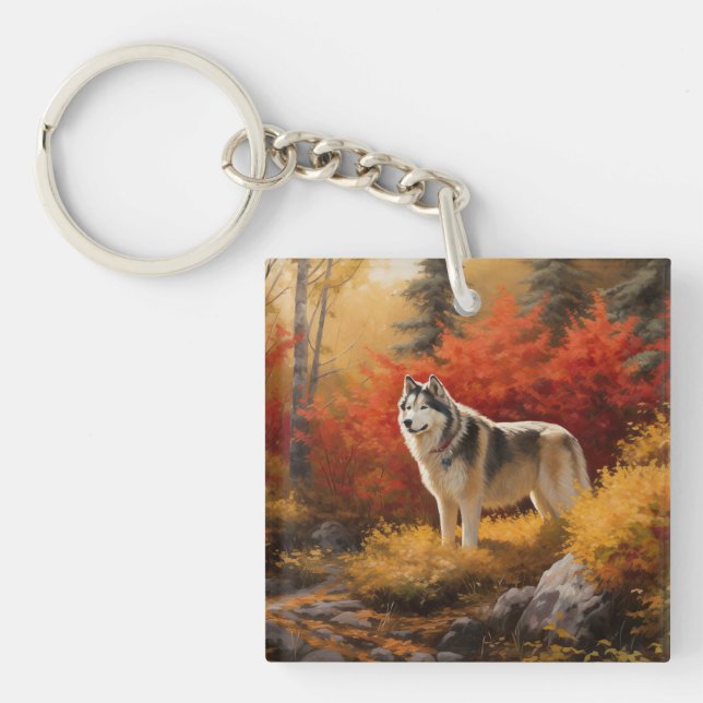 Alaskan Malamute  in Autumn Leaves Fall Inspired  Keychain (Front)