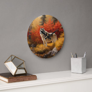 Alaskan Malamute in Autumn Leaves Fall Inspired Large Clock