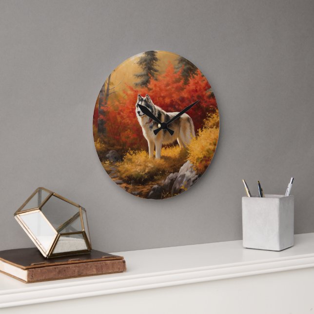 Alaskan Malamute  in Autumn Leaves Fall Inspired  Large Clock (Office)