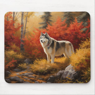 Alaskan Malamute in Autumn Leaves Fall Inspired Mouse Pad