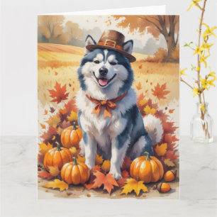 Alaskan Malamute in Autumn Leaves Thanksgiving Art Card