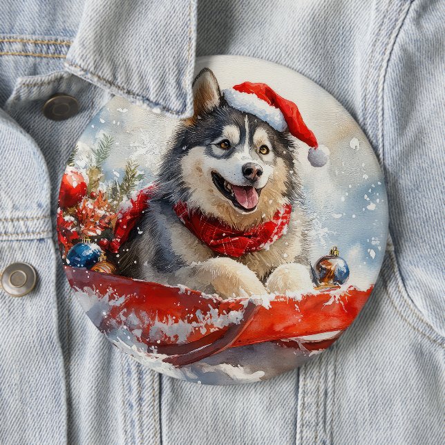 Alaskan Malamute in Sledge Let it Snow Christmas 6 Inch Round Button (In Situ)