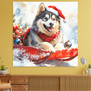Alaskan Malamute in Sledge Let it Snow Christmas Canvas Print