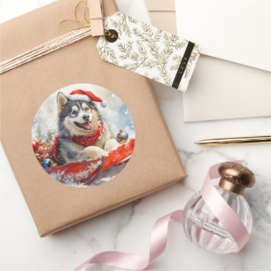 Alaskan Malamute in Sledge Let it Snow Christmas Classic Round Sticker