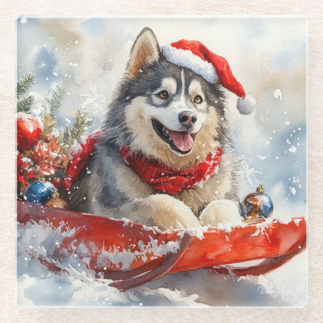 Alaskan Malamute in Sledge Let it Snow Christmas Glass Coaster (Front)
