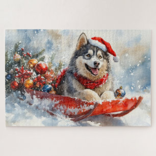 Alaskan Malamute in Sledge Let it Snow Christmas Jigsaw Puzzle