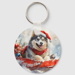 Alaskan Malamute in Sledge Let it Snow Christmas Keychain
