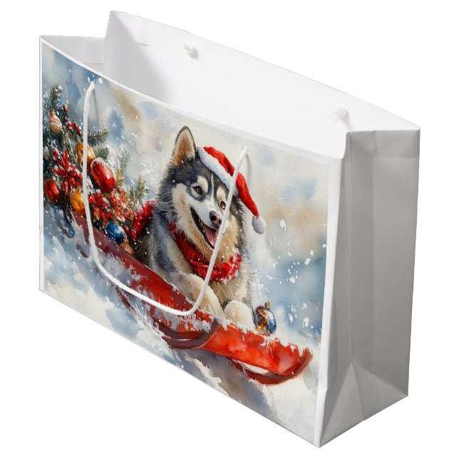 Alaskan Malamute in Sledge Let it Snow Christmas Large Gift Bag (Front Angled)