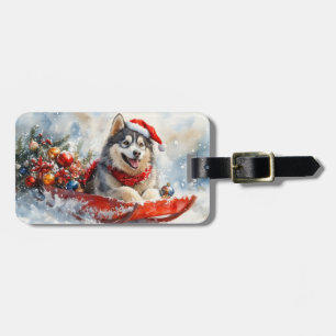 Alaskan Malamute in Sledge Let it Snow Christmas Luggage Tag