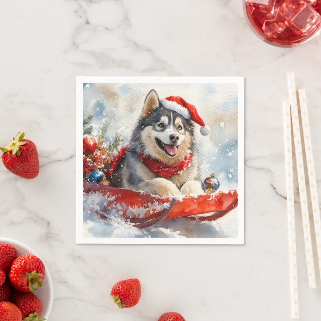 Alaskan Malamute in Sledge Let it Snow Christmas Napkin (Insitu)