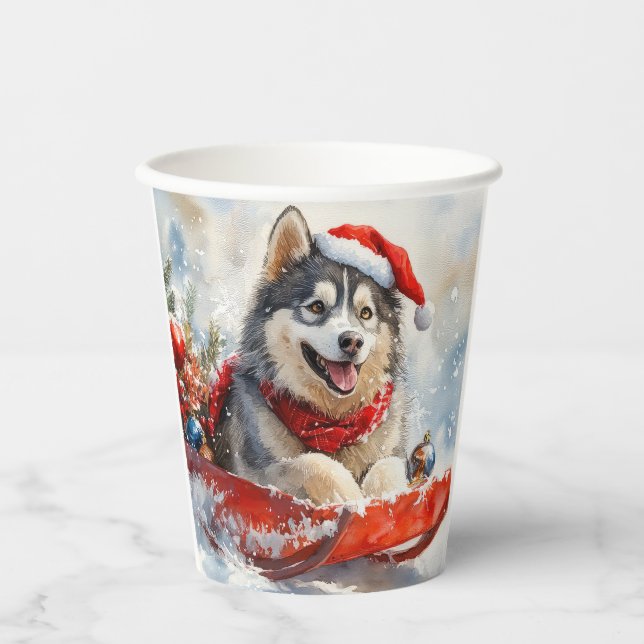 Alaskan Malamute in Sledge Let it Snow Christmas Paper Cups (Front)
