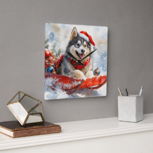 Alaskan Malamute in Sledge Let it Snow Christmas Square Wall Clock