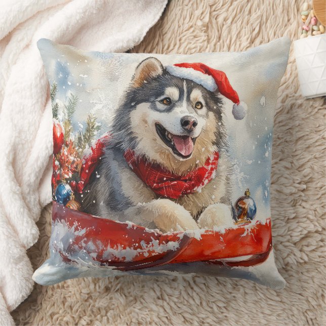 Alaskan Malamute in Sledge Let it Snow Christmas Throw Pillow (Blanket)