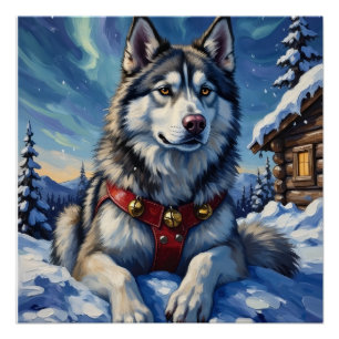 Alaskan Malamute North Pole Winter Christmas Poster