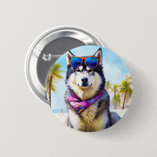 Alaskan Malamute on Beach, summer gift 2 Inch Round Button