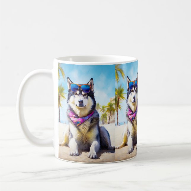 Alaskan Malamute on Beach, summer gift Coffee Mug (Left)