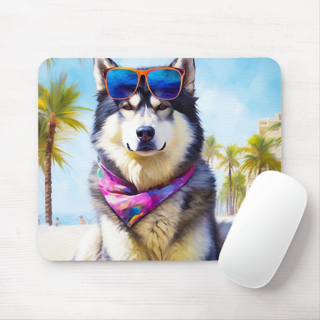 Alaskan Malamute on Beach, summer gift Mouse Pad (With Mouse)