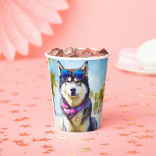 Alaskan Malamute on Beach, summer gift Paper Cups