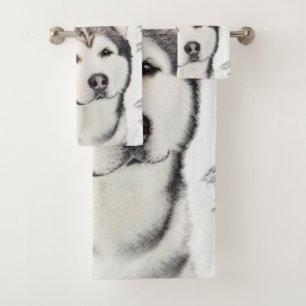 Alaskan Malamute Painting - Cute Original Dog Art Bath Towel Set
