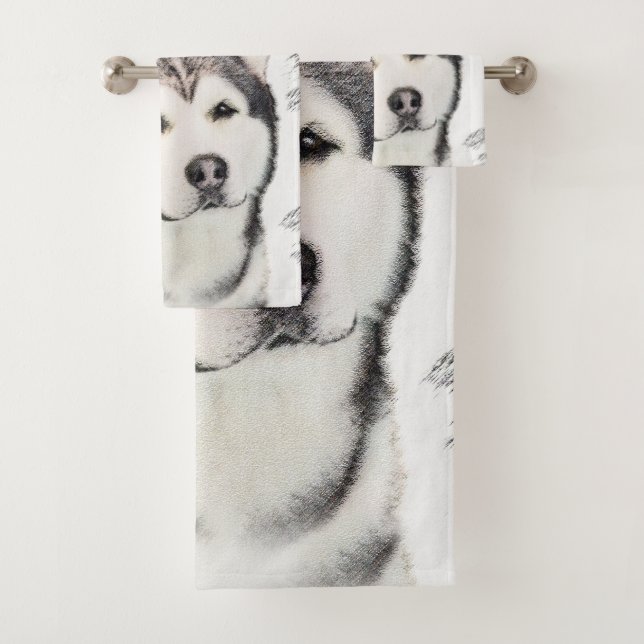 Alaskan Malamute Painting - Cute Original Dog Art Bath Towel Set (Insitu)