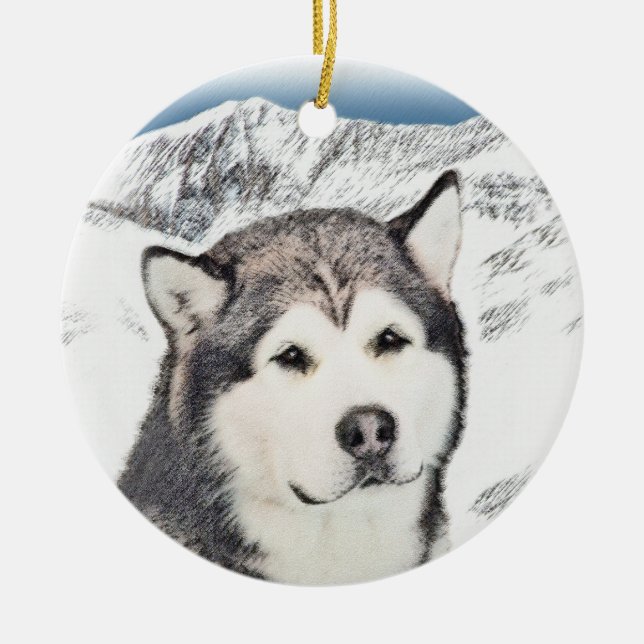 Alaskan Malamute Painting - Cute Original Dog Art Ceramic Ornament (Front)