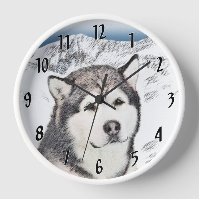 Alaskan Malamute Painting - Cute Original Dog Art Clock (Front)