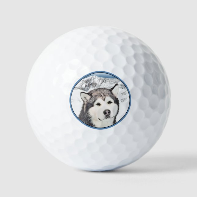 Alaskan Malamute Painting - Cute Original Dog Art Golf Balls (Front)