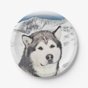 Alaskan Malamute Painting - Cute Original Dog Art Paper Plate
