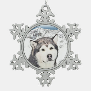 Alaskan Malamute Painting - Cute Original Dog Art Snowflake Pewter Christmas Ornament