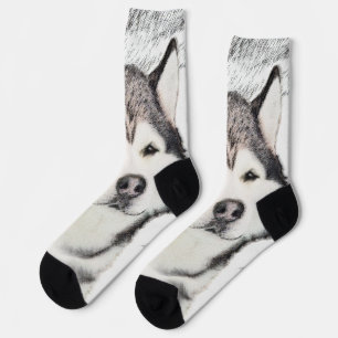 Alaskan Malamute Painting - Cute Original Dog Art Socks