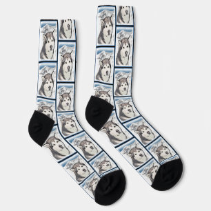 Alaskan Malamute Painting Mal Mally Sled Dog Art Socks