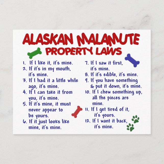 ALASKAN MALAMUTE Property Laws 2 Postcard (Front)