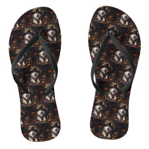Alaskan Malamute Pumpkins Halloween Scary Flip Flops