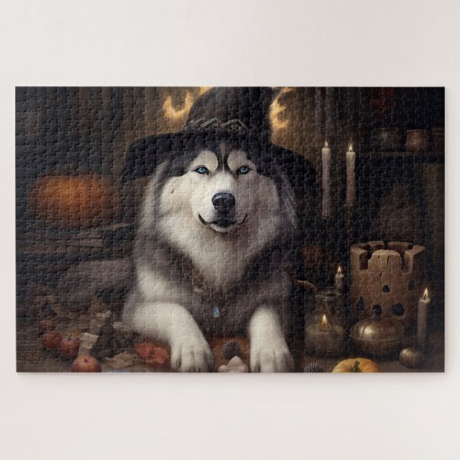 Alaskan Malamute Pumpkins Halloween Scary Jigsaw Puzzle (Horizontal)