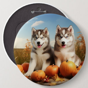 Alaskan Malamute Puppy Autumn Delight Pumpkin 6 Inch Round Button