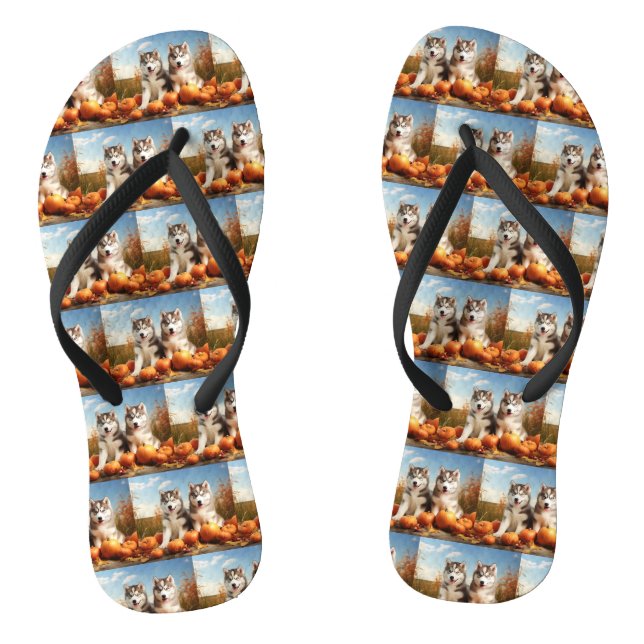 Alaskan Malamute Puppy Autumn Delight Pumpkin Flip Flops (Footbed)