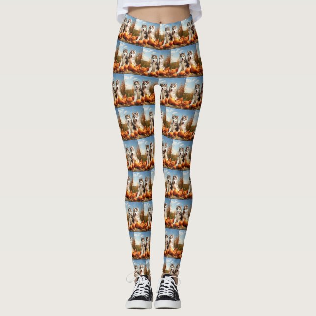 Alaskan Malamute Puppy Autumn Delight Pumpkin Leggings (Front)