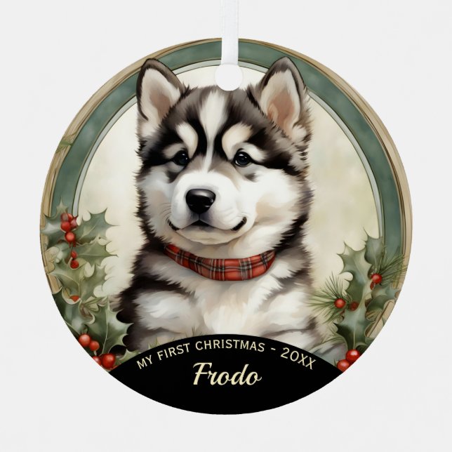 Alaskan Malamute Puppy le premier ornement de Noël (Recto)