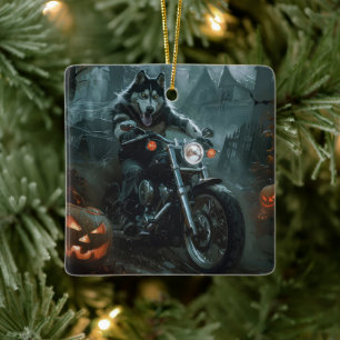 Alaskan Malamute Riding Motorcycle Halloween Scary Ceramic Ornament