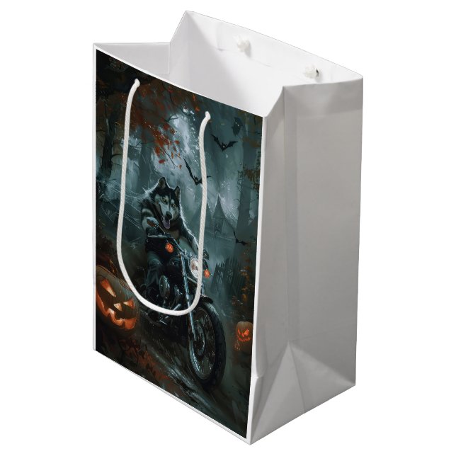 Alaskan Malamute Riding Motorcycle Halloween Scary Medium Gift Bag (Front Angled)