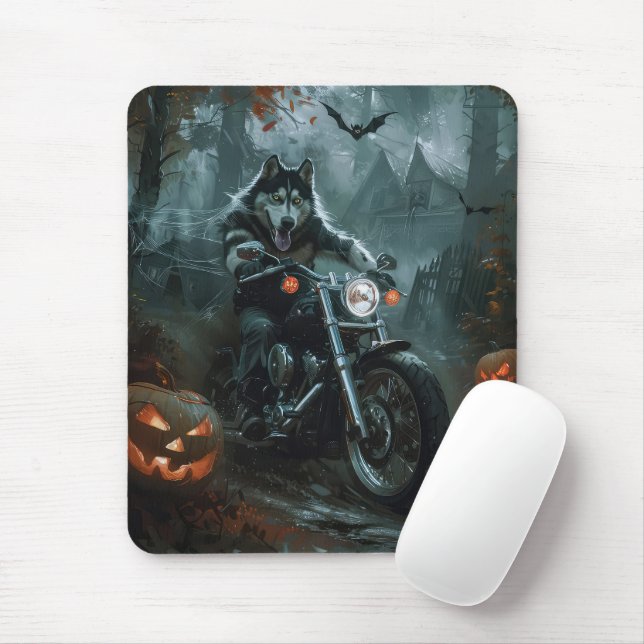 Alaskan Malamute Riding Motorcycle Halloween Scary Mouse Pad (With Mouse)