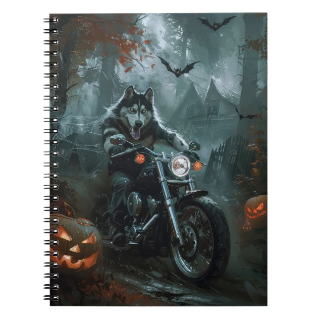 Alaskan Malamute Riding Motorcycle Halloween Scary Notebook (Front)