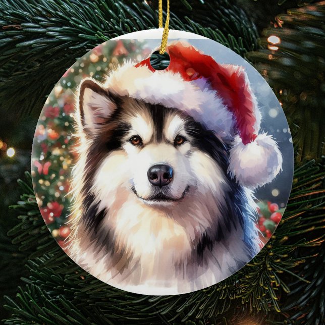 Alaskan Malamute Santa Hat Watercolor Christmas Ceramic Ornament (Creator Uploaded)