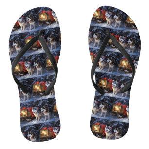 Alaskan Malamute Snowy Sleigh Ride Christmas  Flip Flops