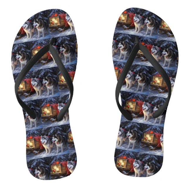 Alaskan Malamute Snowy Sleigh Ride Christmas  Flip Flops (Footbed)