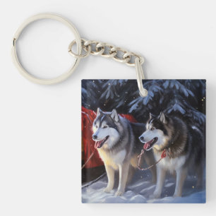 Alaskan Malamute Snowy Sleigh Ride Christmas  Keychain