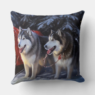 Alaskan Malamute Snowy Sleigh Ride Christmas Throw Pillow